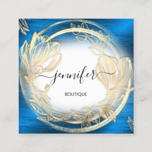 Blue Navy White Gold Floral Frame QRCode Logo Square Business Card