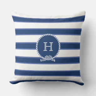 Blue Navy White Nautical Monogram Modern Stripes O Cushion