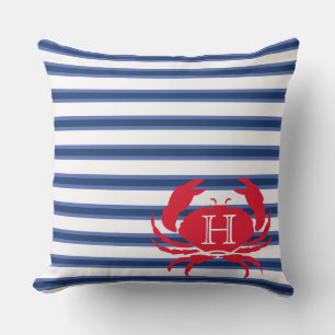 Blue Navy White Red Crab Nautical Modern Stripes O Cushion