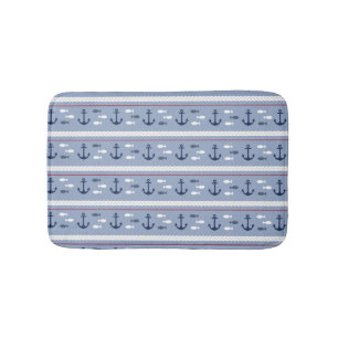 Blue Navy White Red Nautical Anchors Bath Mat