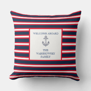 Blue Navy White Red Nautical Monogram Stripe  Cushion