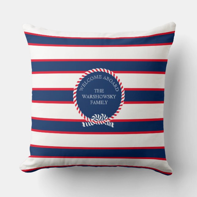 Blue Navy White Red Nautical Monogram Stripe Outdo Cushion (Front)