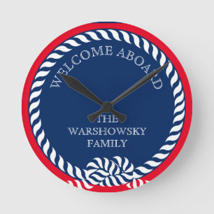 Blue Navy White Red Nautical Monogram Stripe Round Clock