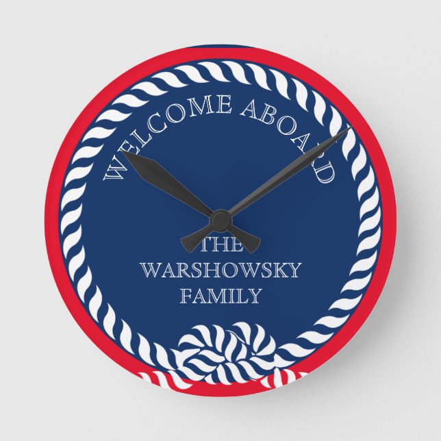 Blue Navy White Red Nautical Monogram Stripe  Round Clock (Front)