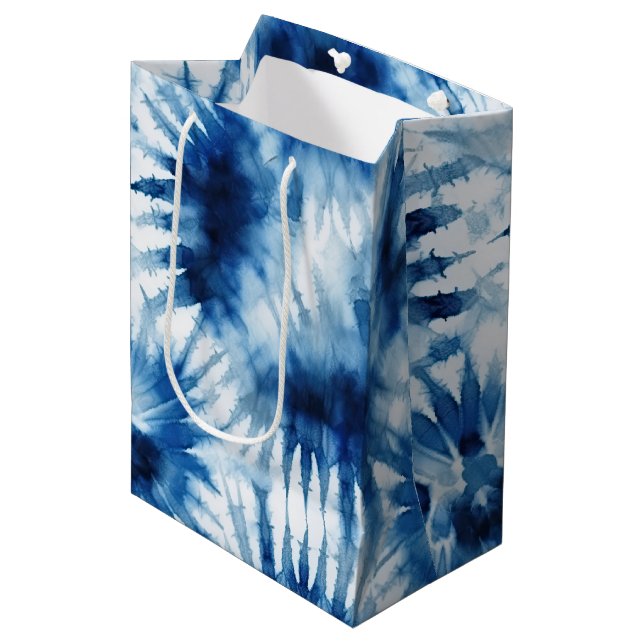 Blue Navy White Stripe Tie Dye Medium Gift Bag (Front Angled)