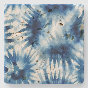 Blue Navy White Stripe Tie Dye Stone Coaster