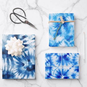 Blue Navy White Stripe Tie Dye Wrapping Paper Sheet