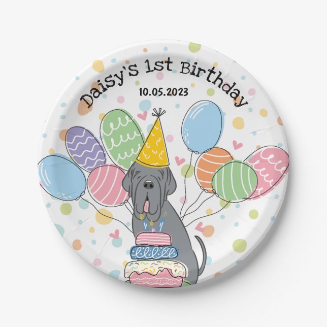 Blue Neapolitan Mastiff Dog Birthday Party Paper Plate (Front)