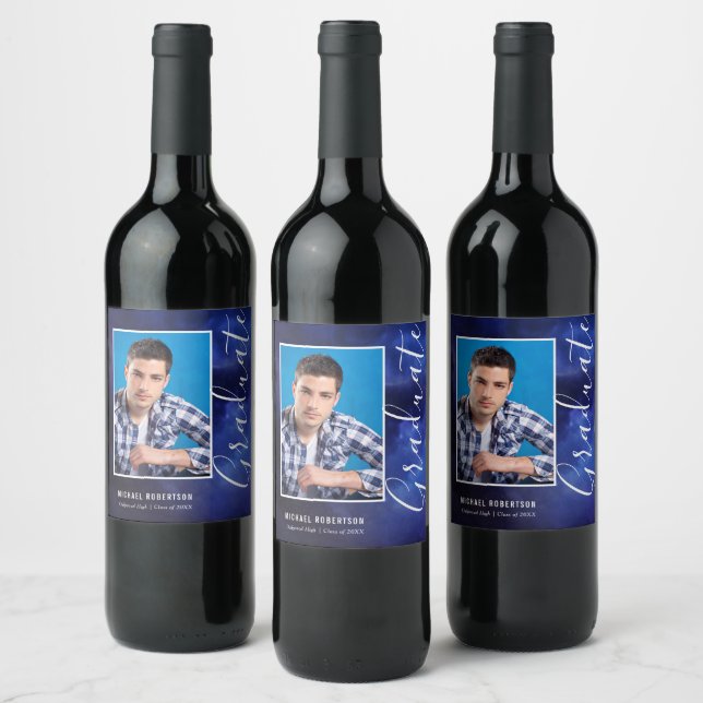 Blue Nebula Space Stylish Modern Photo Graduation Wine Label (Bottles)