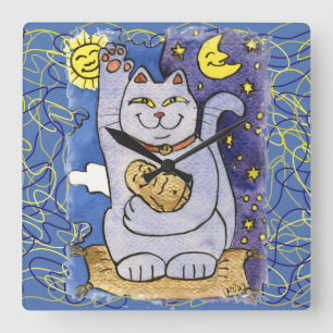 Blue Neko with Buddha on Gold Pillow Square Wall Clock