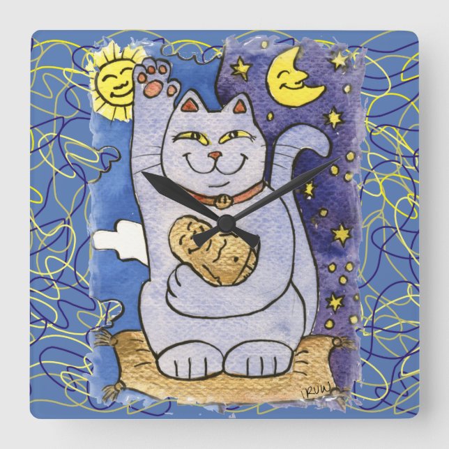 Blue Neko with Buddha on Gold Pillow Square Wall Clock (Front)