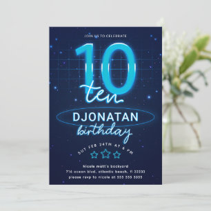 Blue Neon 10th Birthday Party Let's Glow Crazy Invitation