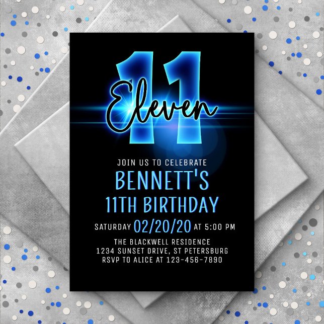 Blue Neon 11th Birthday Invitation (Creator Uploaded)