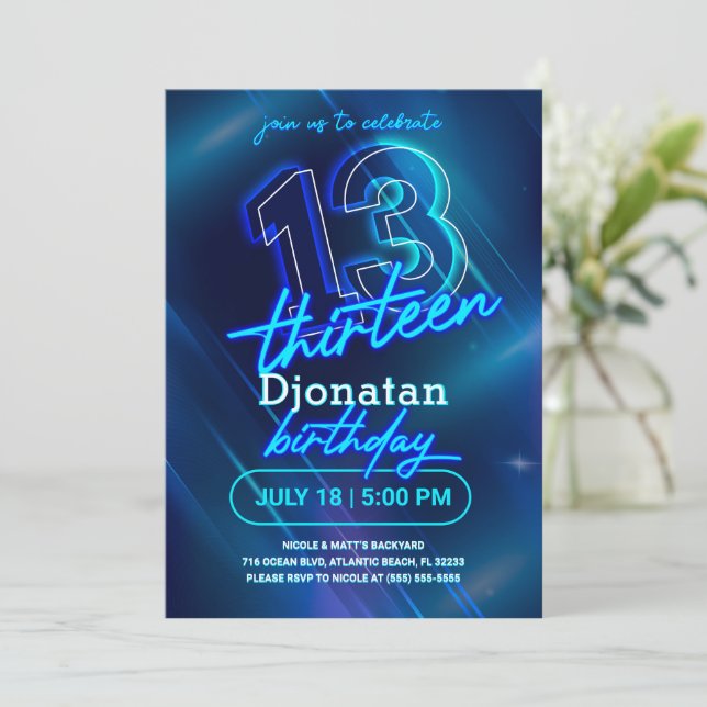 Blue Neon 13th Birthday Party Invitation Card (Standing Front)