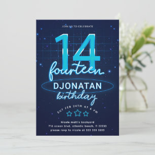 Blue Neon 14th Birthday Party Let's Glow Crazy Invitation