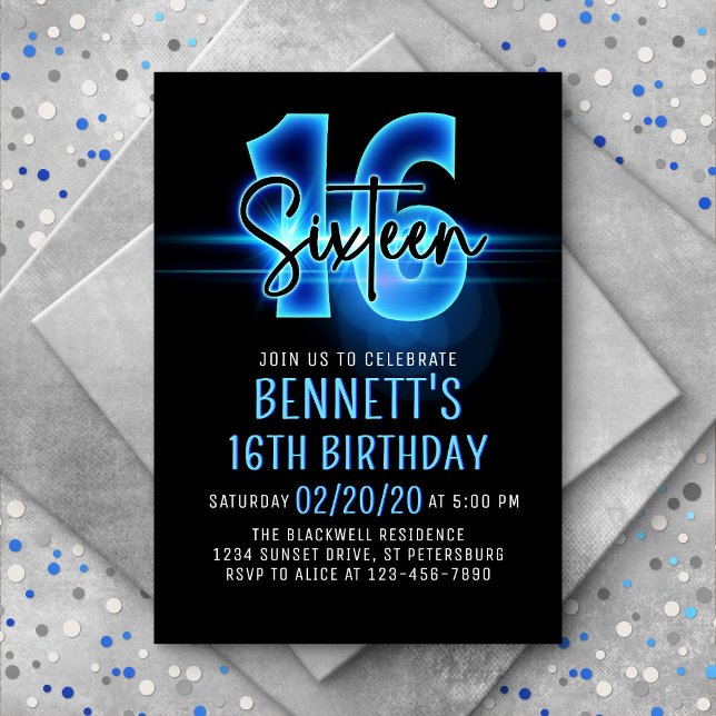 Blue Neon 16th Birthday Invitation (Creator Uploaded)