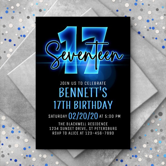 Blue Neon 17th Birthday Invitation (Creator Uploaded)