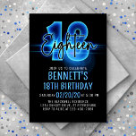 Blue Neon 18th Birthday Invitation<br><div class="desc">Turn the lights up on the perfect party for him with this neon birthday design. Featuring bold numbers and script flaring with light, this invitation is as cool as it is eye-catching. The electric blue glow gives the design an edgy, urban vibe that's perfect for your kid or teen, whether...</div>