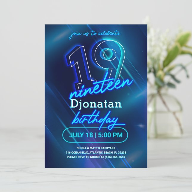 Blue Neon 19th Birthday Party Invitation Card (Standing Front)