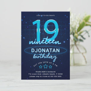 Blue Neon 19th Birthday Party Let's Glow Crazy Invitation