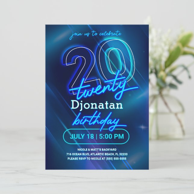 Blue Neon 20th Birthday Party Invitation Card (Standing Front)