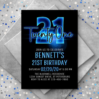 Blue Neon 21st Birthday Invitation