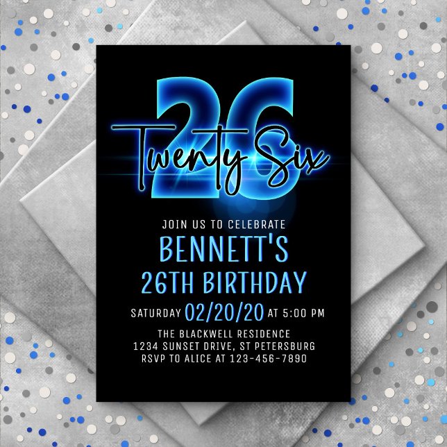 Blue Neon 26th Birthday Invitation (Creator Uploaded)