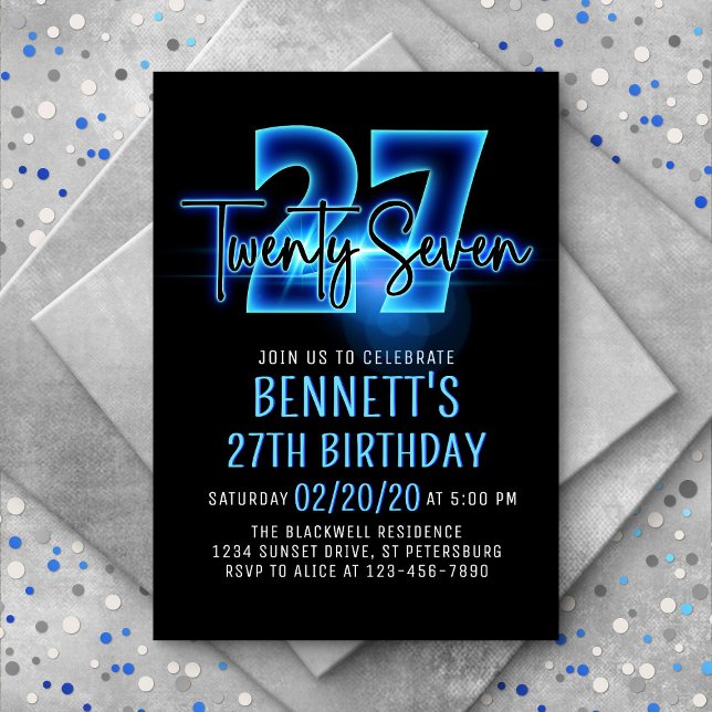 Blue Neon 27th Birthday Invitation (Creator Uploaded)