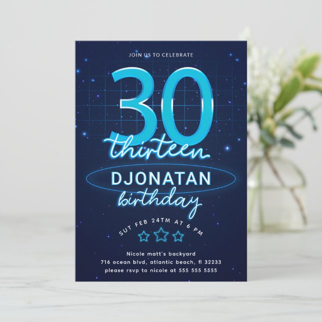 Blue Neon 30th Birthday Party Let's Glow Crazy Invitation (Standing Front)