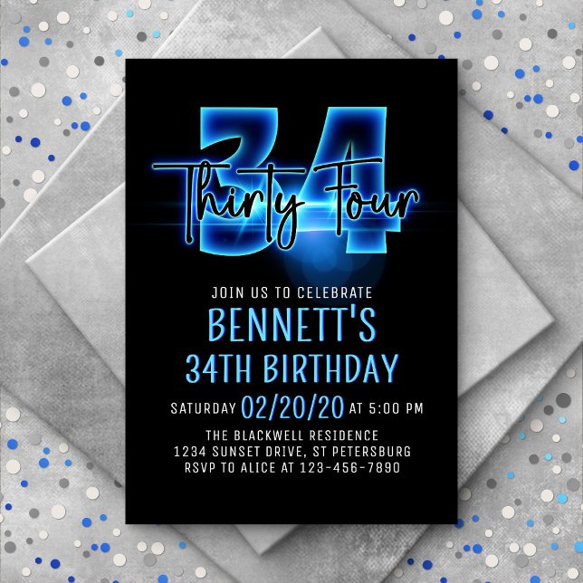 Blue Neon 34th Birthday Invitation (Creator Uploaded)