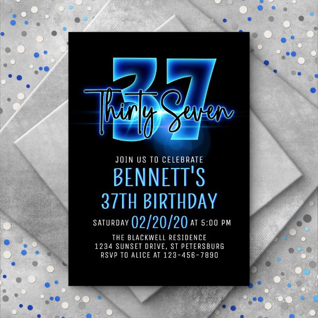 Blue Neon 37th Birthday Invitation (Creator Uploaded)