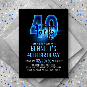 Blue Neon 40th Birthday Invitation