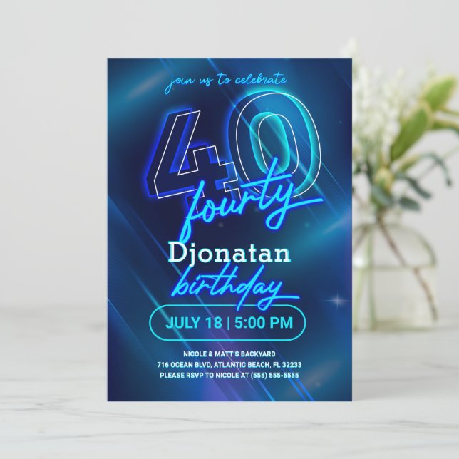 Blue Neon 40th Birthday Party Invitation Card (Standing Front)