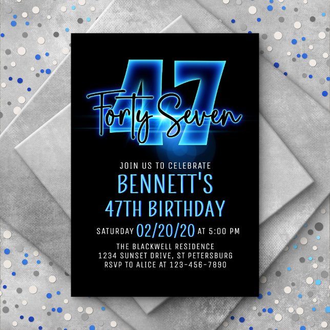 Blue Neon 47th Birthday Invitation (Creator Uploaded)