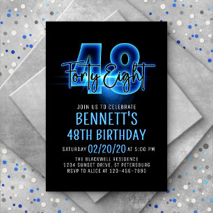Blue Neon 48th Birthday Invitation