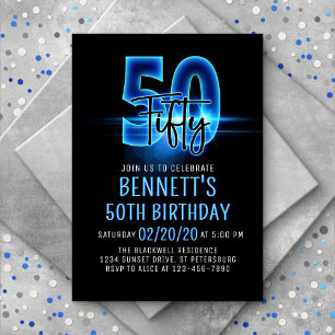Blue Neon 50th Birthday Invitation