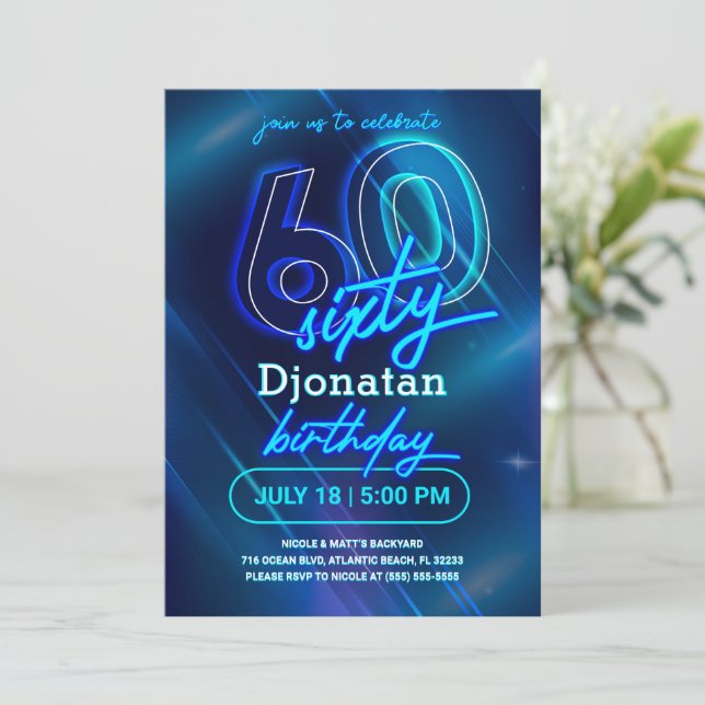 Blue Neon 60th Birthday Party Invitation Card (Standing Front)