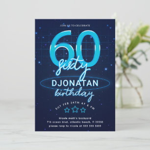 Blue Neon 60th Birthday Party Let's Glow Crazy Invitation