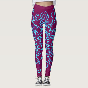 Blue Neon Abstract Line Art Trendy Wine Leggings