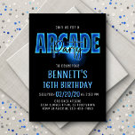 Blue Neon Arcade Party Birthday Invitation<br><div class="desc">Turn the lights up on the perfect party for him with this neon arcade party design. Featuring bold numbers and script flaring with light, this invitation is as cool as it is eye-catching. The electric blue glow gives the design an edgy, urban vibe that's perfect for your kid or teen,...</div>