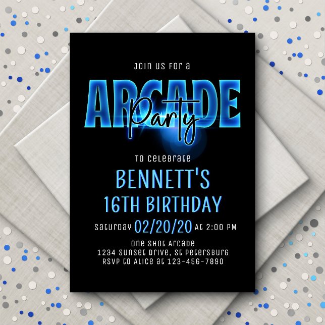 Blue Neon Arcade Party Birthday Invitation (Creator Uploaded)