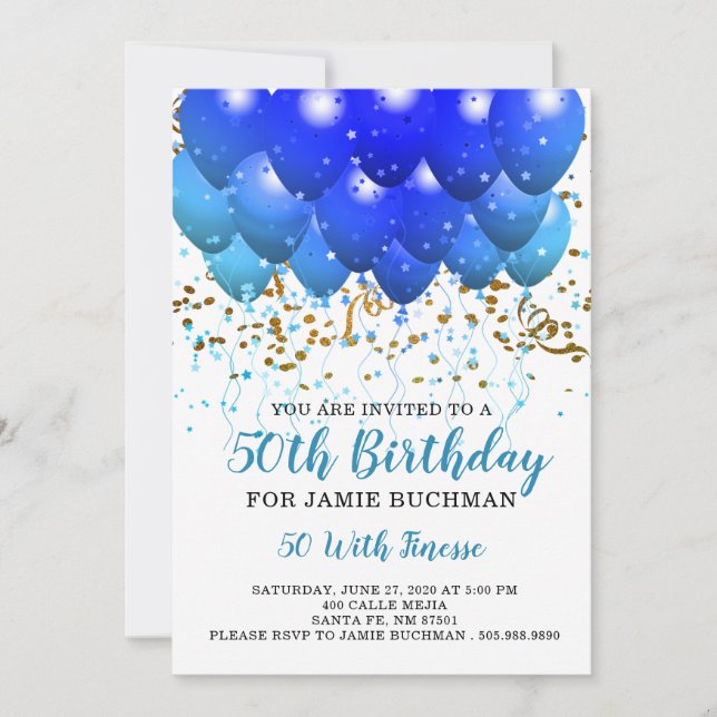 Blue Neon Balloons Confetti 50th Birthday Party Invitation (Front)