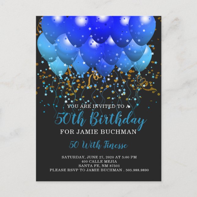 Blue Neon Balloons Confetti 50th Birthday Party Invitation Postcard (Front)