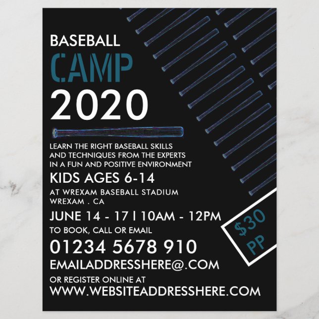 Blue Neon Baseball Bat, Baseball Camp Advertising Flyer (Front)