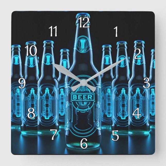 Blue Neon Beer Bottles Square Wall Clock (Front)