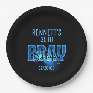 Blue Neon Birthday Paper Plate