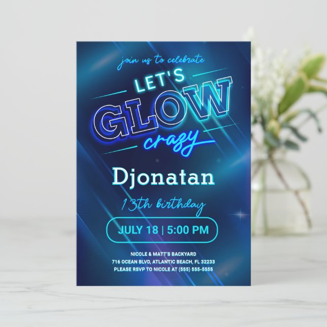 Blue Neon Birthday Party Invitation Card (Standing Front)