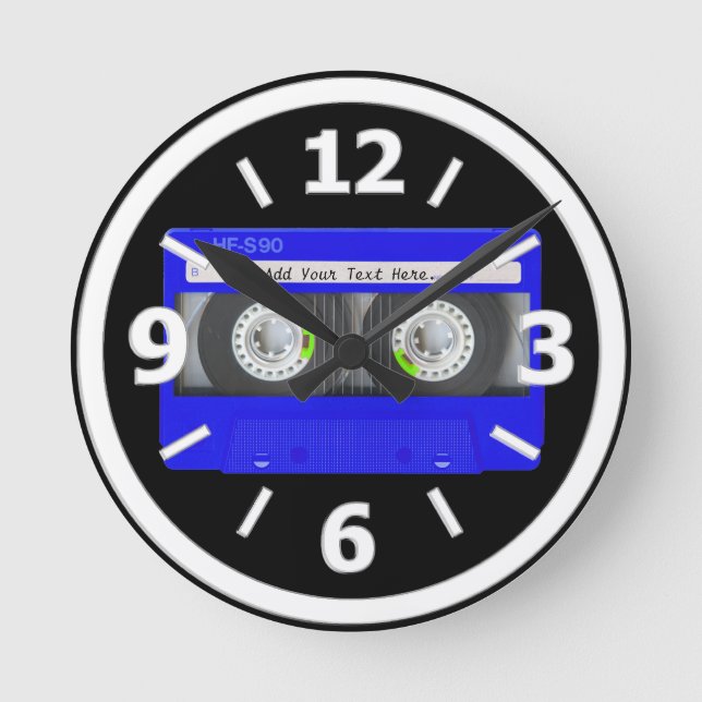 Blue Neon Cassette Tape Round Clock (Front)