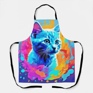 Blue Neon Cat in Splatter Apron