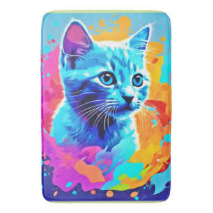 Blue Neon Cat in Splatter Bath Mat